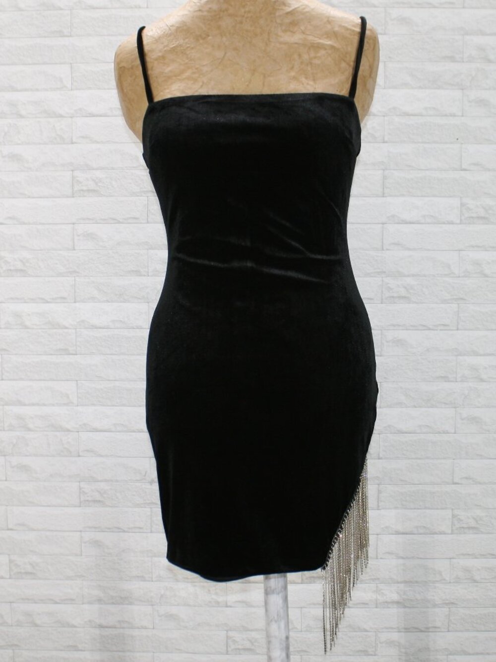 WINDSOR Dress Cocktail Prom Bodycon Velvet Silver Fringe Embellished Black XS